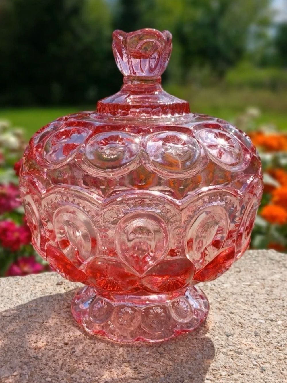 RARE Vintage Weishar Moon and Stars Pink Glass Candy Dish Compote